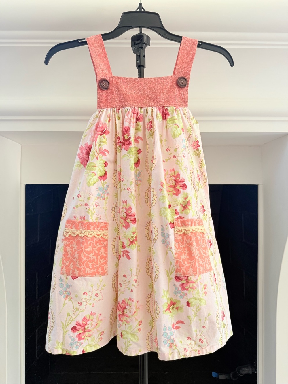 Bercot Girls Pink Floral Pocket Sundress with Coral Bib-Girls 7